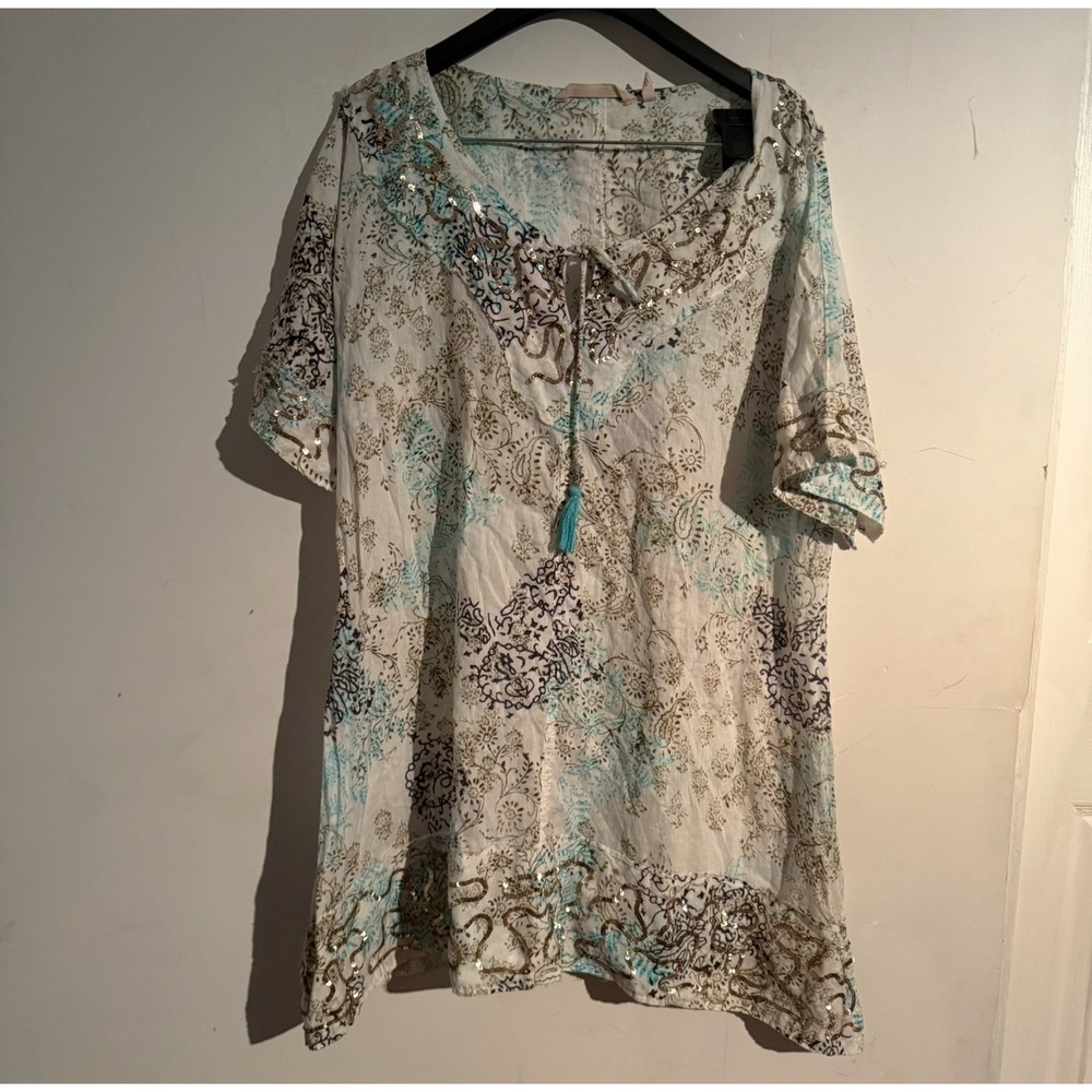 Soft Surroundings Womens Medium‎ Blouse Boho Lagenlook Whispy Embellished Art